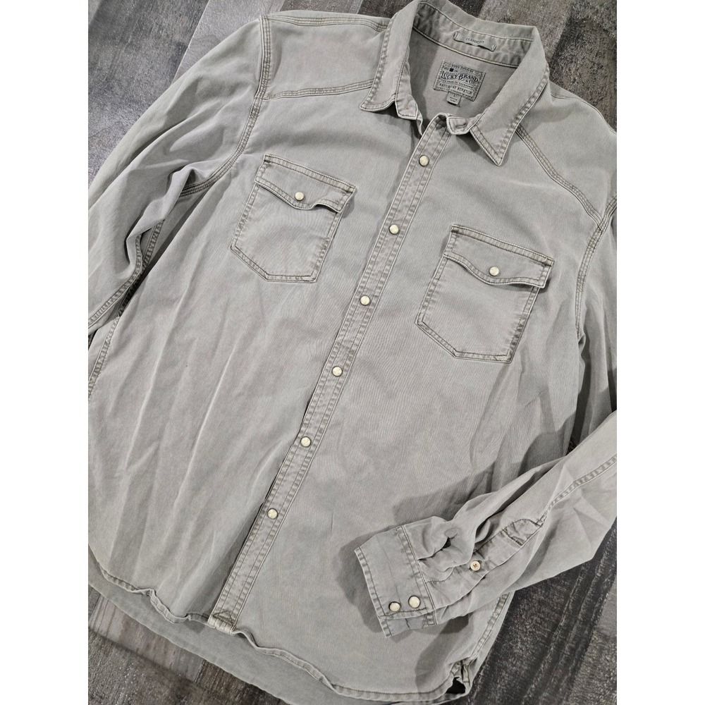 Lucky Brand Saturday Stretch Western Shirt Mens L Pearl Snap Utility Olive Green